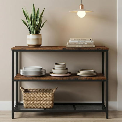 Homleke 39.4" L Kitchen Island with 3 Shelves, Kitchen Shelf with Large Workstation, Bakers Rack, Workbench, Metal Frame, Rustic Brown and Black