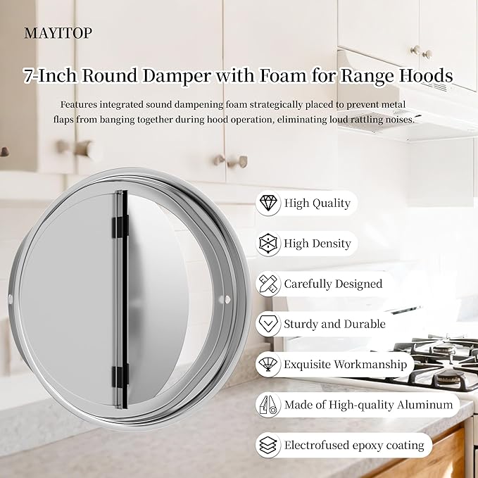 BP87Q 7" Round Vertical Discharge Damper with Foam Compatible with Bro-an-Nu-Tone BP87 Vertical Discharge Damper for 7" Round Range Hood Exhaust Adaptor, Upgraded-Eliminates Noise,Quiet