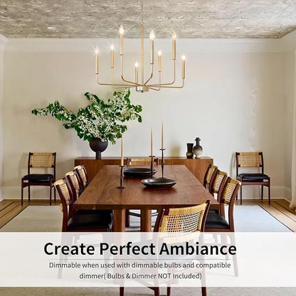Gold Chandelier: 8-Light 29.5 Inch Candle Style Chandelier with Candelabra Arms - Modern Farmhouse Dining Room Light Fixture for Foyer Kitchen Island - E12 Base