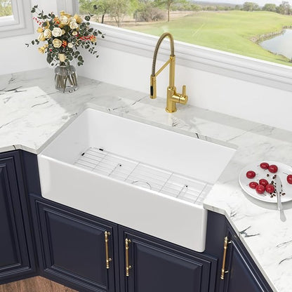 Kichae 33 White Farmhouse Kitchen Sink - 33X18 Inch Farm Kitchen Sink Farmhouse Sink Reversible Apron Front Ceramic Porcelain Farm Sinks Single Bowl