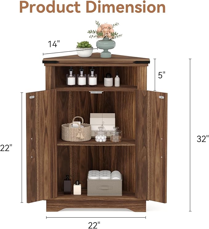 GarveeHome Corner Bathroom Cabinet, Small Corner Cabinet with Barn Doors & Adjustable Shelf, Farmhouse Bathroom Table with Storage for Small Spaces, Kitchen, Living Room, Brown