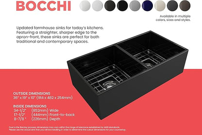 BOCCHI Contempo Farmhouse Apron Front Fireclay 36 in. Double Bowl Kitchen Sink with Protective Bottom Grid and Strainer in Black