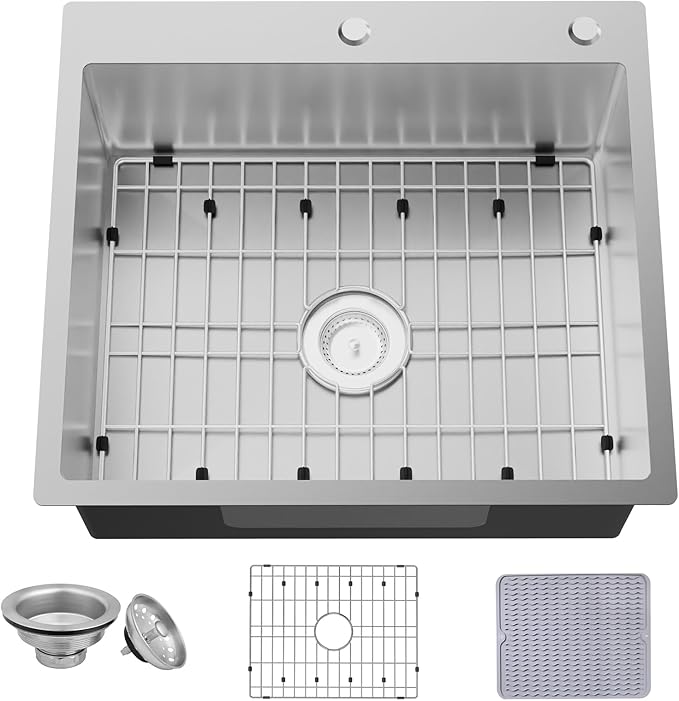 25x22 Inch Stainless Steel Kitchen Sink - Drop In Single Bowl Topmount Kitchen Sink Come With Bottom Grid, Silicon Mat And Drain Assembly Set Stylish and Modern Look Add Elegance & Enhance Usability