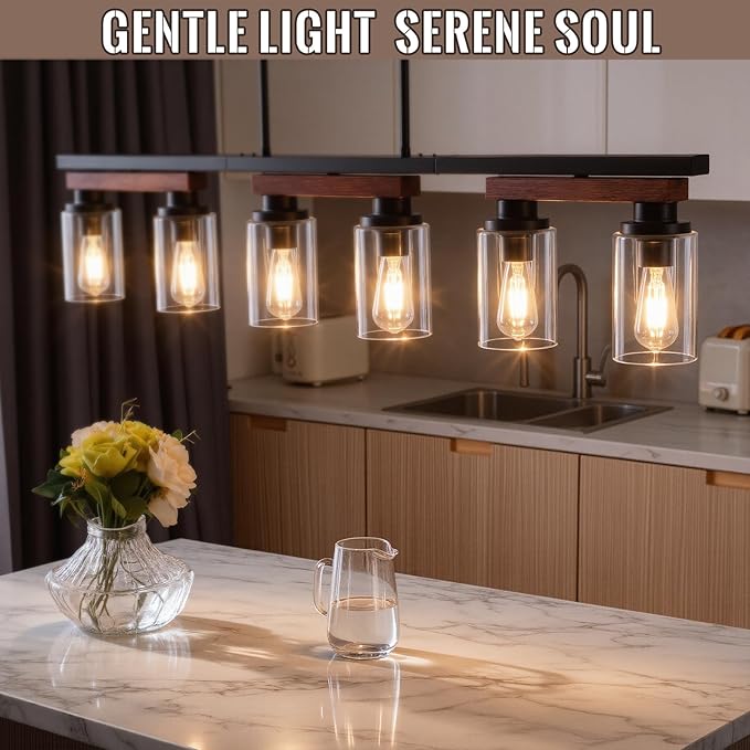6-Light Kitchen Island Lighting & Farmhouse Dining Room Light Fixtures Over Table, Rustic Wood Linear Chandelier Adjustable Ceiling Hanging Pendant- Rotating Design, Customizable Shapes, Clear Glass