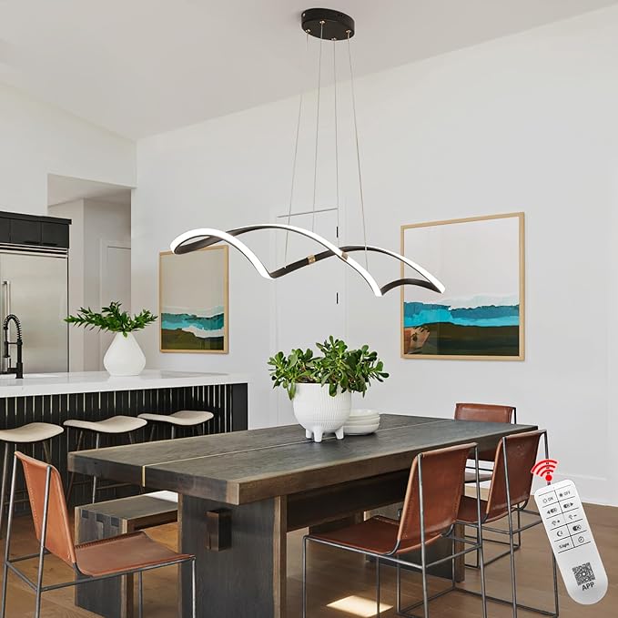 39 Inch Modern LED Pendant Light, Remote Control Dimmable Adjustable Height, DIY Kitchen Island Lighting & Dining Room Chandelier, Energy Saving Matte Black Linear Chandelier