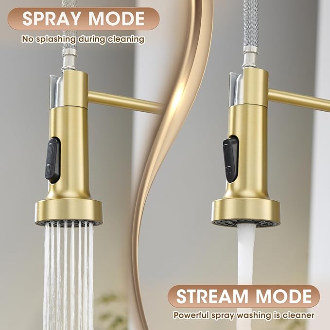 Kitchen Faucet with Pull Down Sprayer, Brushed Gold High Arc Single Handle Spring Pull Out Stainless Steel Faucet for Kitchen Sink, 2 Mode Utility Ideal for Laundry Camper Bar RV Room