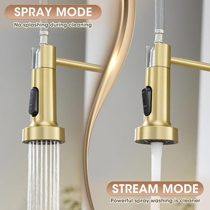 Kitchen Faucet with Pull Down Sprayer, Brushed Gold High Arc Single Handle Spring Pull Out Stainless Steel Faucet for Kitchen Sink, 2 Mode Utility Ideal for Laundry Camper Bar RV Room