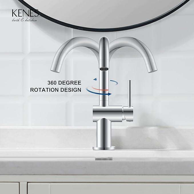 KENES Polished Chrome Bathroom Faucets Single Handle Modern Prep Wet Bar Sink Faucets Bathroom Sink Faucet with Drain Assembly & Deck Plate, Farmhouse RV Camper Outdoor Utility Faucet, KE-9005B-5