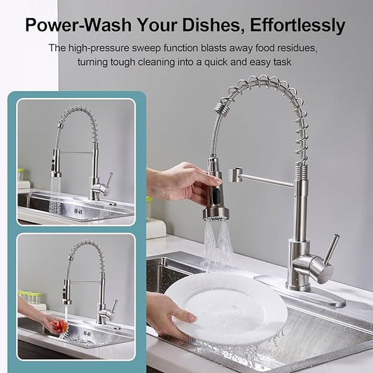 Kitchen Faucets with Pull Down Sprayer, Brushed Nickel Stainless Steel Single Handle Pull Out Spring Sink Faucet, 3 Function Sprayer 1 or 3 Hole Deck Plate for Farmhouse Laundry Rv Bar