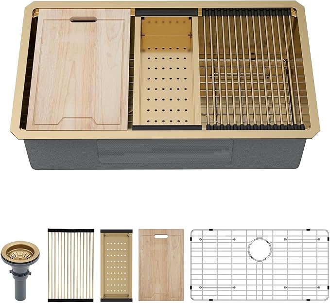 30 Inch Gold Undermount Kitchen Sink - Kichae 30 x 18 Stainless Steel Undermount Sink Ledge Workstation 16 Gauge Single Bowl Round Corner Handmade Deep Bowl with Cutting Board