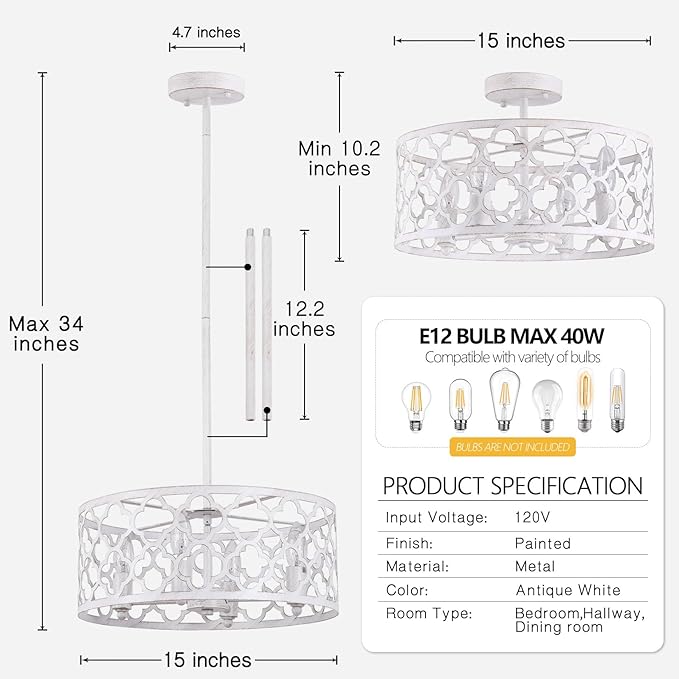 Bargeni Farmhouse Chandelier,15 inch Rustic Ceiling Light Fixture,Antique White Finish,4-Light Dining Room Light Fixture for Kitchen Island,Bedroom,Entryway,Foyer