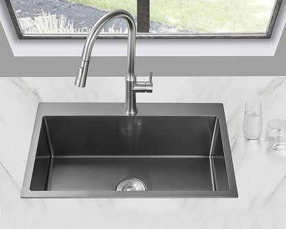 MENATT 28-inch Drop in Kitchen Sink, SUS304 Stainless Steel Single Faucet Hole Single Bowl Topmount Kitchen Sinks (Black), D28" x W18" x H9"