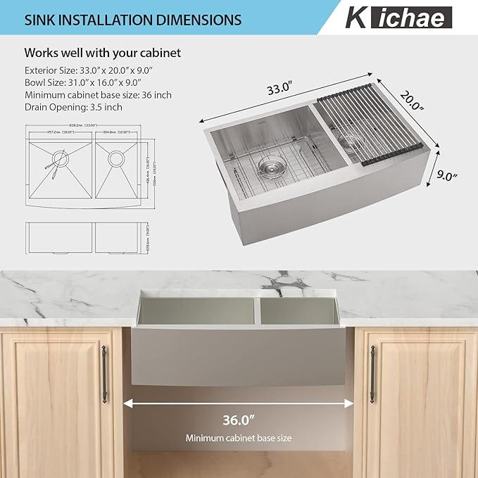 Kichae 33 Apron Double Farmhouse Sink - 33 Inch Apon Front Kitchen Farm Sink Stainless Steel 18 Gauge Double Bowl 60/40 Modern Handmade Farmhouse Sinks Basin
