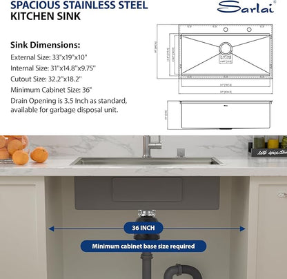 33 Drop In Kitchen Sink Workstation - Sarlai 33x19 Kitchen Sink Drop In Stainless Steel Workstation Sink 16 Gauge Single Bowl Deep Topmount Kitchen Sinks