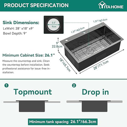 YITAHOME Drop in Black Kitchen Sink with 3 Holes, 28in Top Mount Stainless Steel Nano Gunmetal Black Single Bowl with Grid for Workstation, RV, Bar Sink, 28 x 18 x 10in