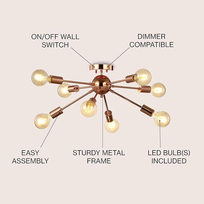 JONATHAN Y 30.5" Copper 8-Light Iron Sputnik Flush-Mount, Mid-Century Modern Space Age Ceiling Light for Low Ceilings, Glam Decor, ETL Listed, LED Bulbs Included JYL7459A