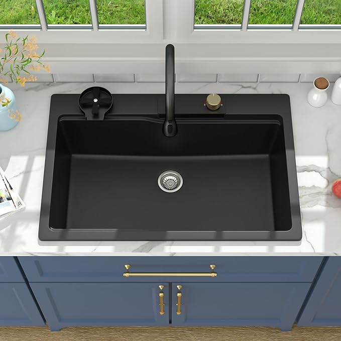 Lordear Granite Composite Kitchen Sink With Waterfall Faucet 33x22 Inch Drop In Kitchen Sinks Black Quartz Single Bowl Multifunctional Workstation Topmount Sink