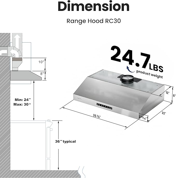 VIKIO HOME Range hood 36 inch,Stove Hood with Dual Motor 900 CFM,Vent Hood with 1.5 Sones Whisper-Quiet,Kitchen Exhaust Range Hood for Large Kitchen,GU10 LED Lights & Full-Sealed Cavity