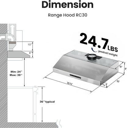 VIKIO HOME Range hood 36 inch,Stove Hood with Dual Motor 900 CFM,Vent Hood with 1.5 Sones Whisper-Quiet,Kitchen Exhaust Range Hood for Large Kitchen,GU10 LED Lights & Full-Sealed Cavity