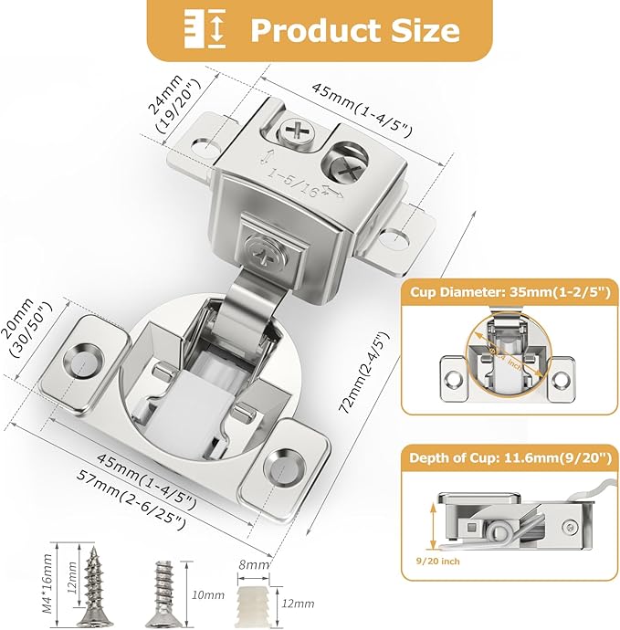 Furniware 20 Pieces 1-5/16 in Overlay Soft Close Concealed Hinge for Face Frame Door, 105° Open Angle Concealed Stainless Steel Hinges for Face Frame Door, Soft Close Cabinet Hinge Satin Nickel