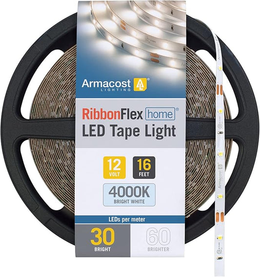 Armacost Lighting 151232 RibbonFlex Home 12V White LED Strip Light Tape 30 LED/m 4000K 16 ft (5m)