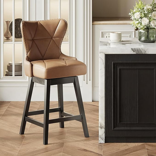 MALOL Swivel Bar Stool, PU Leather Mid Century Mondern Barstool, 26 inch Counter Height Bar Chair with Solid Back and Wood Legs, for Kitchen Island，Brown