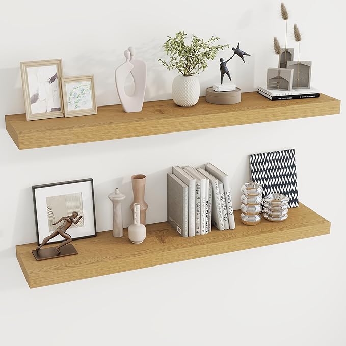 Dreamland 48 Inches Floating Shelves for Wall, 9.3 Inch Deep Floating Shelves Set of 2, Large Display & Storage Shelf, Wall Shelf for Bathroom Bedroom Living Room Kitchen Office,Oak