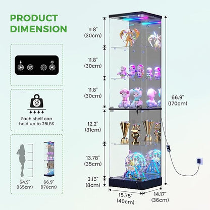 HNEBC 6-Tier Shelf with Glass Door, LED Display Case with RGB Lights& Motion Sensor, Lockable Curio Cabinet for Collectibles,Bookcase,China Cabinet-Black