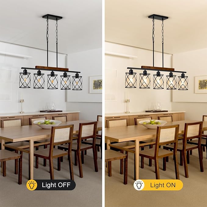 Farmhouse Dining Room Light Fixture: Modern 5-Light Kitchen Island Hanging Lighting with Metal Lampshade, Matte Black Industrial Linear Chandelier Over Table