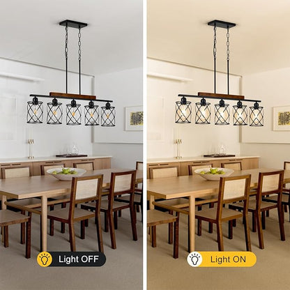 Farmhouse Dining Room Light Fixture: Modern 5-Light Kitchen Island Hanging Lighting with Metal Lampshade, Matte Black Industrial Linear Chandelier Over Table