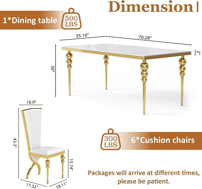 Glass Dining Table Set for 6, Luxurious 70 Inch Rectangular Glass Kitchen Table with 6 White High Back Leather Chairs, for Dining Room, Restaurant, Living Room (White Top)
