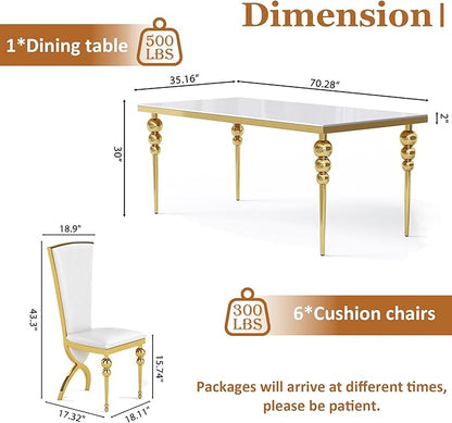 Glass Dining Table Set for 6, Luxurious 70 Inch Rectangular Glass Kitchen Table with 6 White High Back Leather Chairs, for Dining Room, Restaurant, Living Room (White Top)