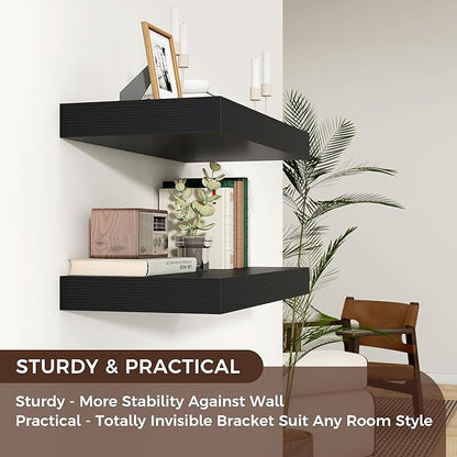Venusmiles Floating Shelves for Wall, 36" W x 12" D x 2" H, 2 Pack of Long Wall Mounted Engineered Wood Shelves with Invisible Brackets for Living Room, Bedroom, Bathroom, Kitchen Decor, Black