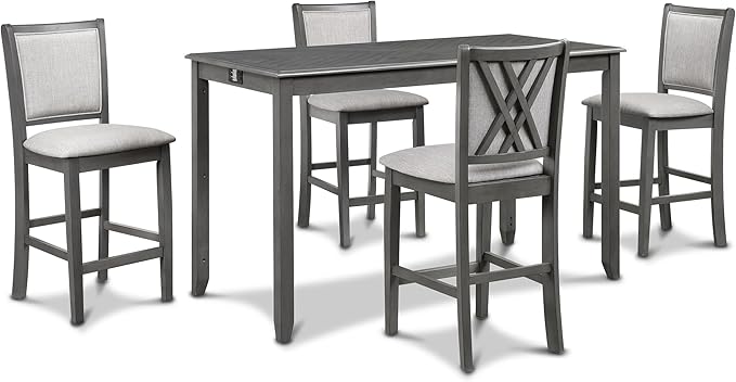 New Classic Furniture Amy Kitchen Counter Island Dining Table for 4 with Storage Shelf & USB Chargers, Contemporary Gray