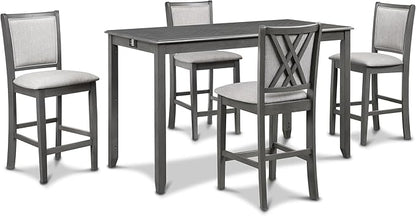 New Classic Furniture Amy Kitchen Counter Island Dining Table for 4 with Storage Shelf & USB Chargers, Contemporary Gray