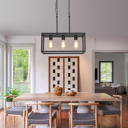 AMZASA 3-Light Black Linear Chandelier Modern Rectangle Farmhouse Dining Room Light Fixture for Kitchen Island Bar UL Listed