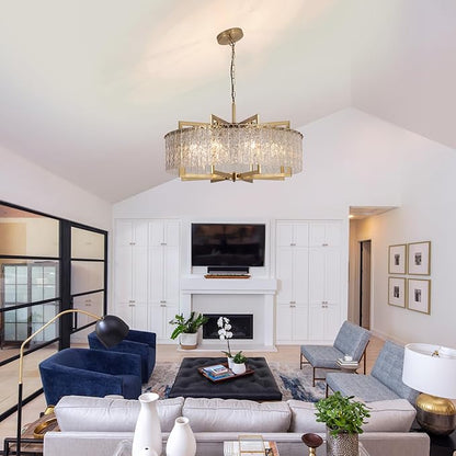 Crystal Gold Chandelier Lighting Fixture, 8 Lights Luxury Crystal Glass Pendant with Adjustable Chain,Ceiling Mounted for Dining Room Kitchen Living Room Foyer- 30in (Sloped/Hight Ceiling)