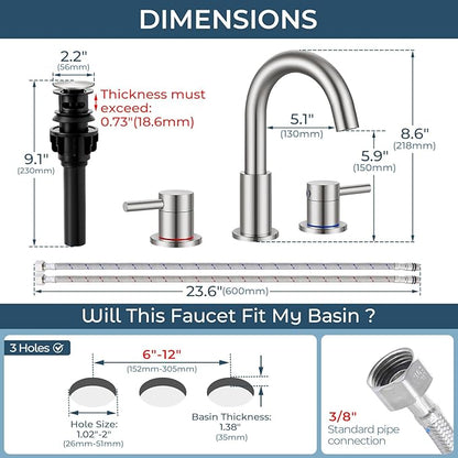 FGKQ Brushed Nickel Bathroom Faucet 3 Hole, 8 inch Widespread Bathroom Faucets for Sink 3 Hole Brushed Nickel with Pop-Up Drain Water Supply Lines