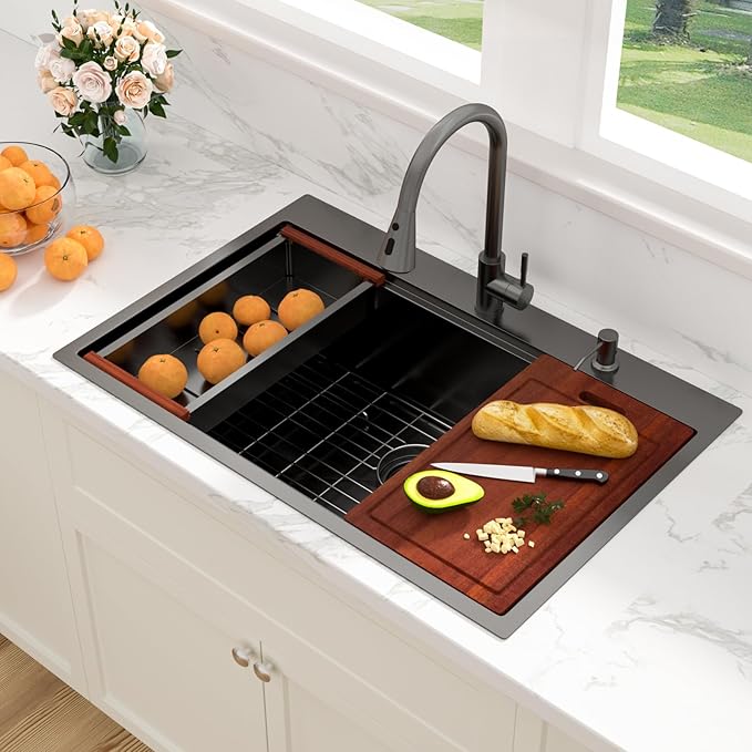 Sarlai 33 Black Kitchen Sink with Faucet- 33x22 Inch Drop In Kitchen Sink Gunmetal Black Ledge Workstation Sinks 16 Gauge Stainless Steel Single Bowl Topmount Sinks Basin with Pull-out Faucet
