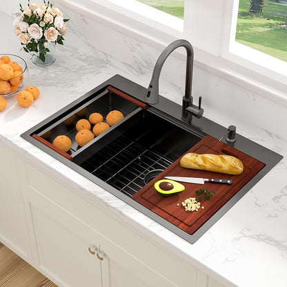 Sarlai 33 Black Kitchen Sink with Faucet- 33x22 Inch Drop In Kitchen Sink Gunmetal Black Ledge Workstation Sinks 16 Gauge Stainless Steel Single Bowl Topmount Sinks Basin with Pull-out Faucet