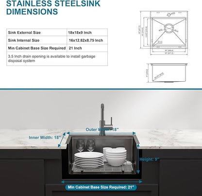 21 Inch Black Drop In Bar Sink Outdoor Kitchen Sink Workstation 16 Gauge Stainless Steel Single Bowl Small Sinks With Pull-out Faucet 21"x20"x9"
