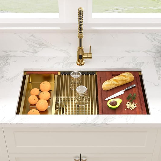 Sarlai 33 Inch Gold Undermount Kitchen Sink Double Bowl 33 x 19 Inch Low Divided Gold Workstation Double Kitchen Sink Stainless Steel 16 Gauge 60/40 Sinks Basin