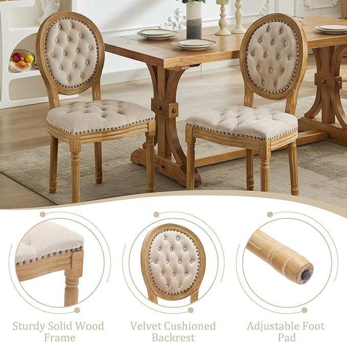 Velvet Dining Chairs Set of 2, Vintage Wooden Dining Chair with Solid Wood Legs, Upholstered Farmhouse Kitchen Chair for Living Room, Restaurant, Bedroom (Beige, Set of 2)