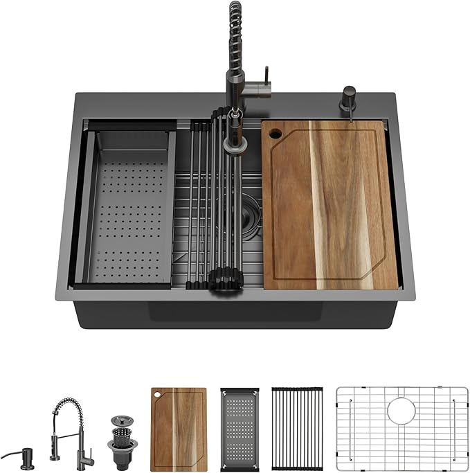 30 Inch Drop In Kitchen Sink with Faucet Combo - 30"x22" Workstation All-In One Gunmetal Black NANO-PVD 16 Gauge Stainless Steel Topmount Single Bowl Sink For Kitchen with Faucet #TLT-0023