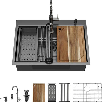 30 Inch Drop In Kitchen Sink with Faucet Combo - 30"x22" Workstation All-In One Gunmetal Black NANO-PVD 16 Gauge Stainless Steel Topmount Single Bowl Sink For Kitchen with Faucet #TLT-0023