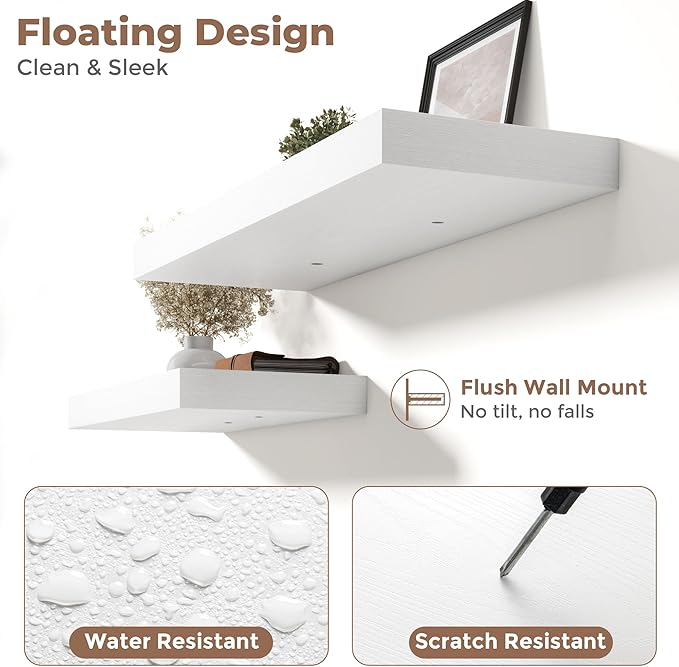 Marsmiles 12" Deep Floating Shelves for Wall with Invisible Brackets, Wall Mounted Engineered Wood Shelves with Wood Grain for Living Room, Bedroom, Kitchen Decor and Storage, 48" L Set of 1, White