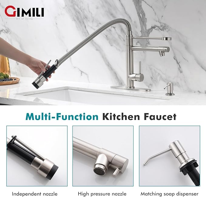 GIMILI Kitchen Faucet with Soap Dispenser Commercial Kitchen Faucet with Pull Down Sprayer Double-Headed Single Handle Spring Stainless Steel Brushed Nickel Kitchen Sink Faucet