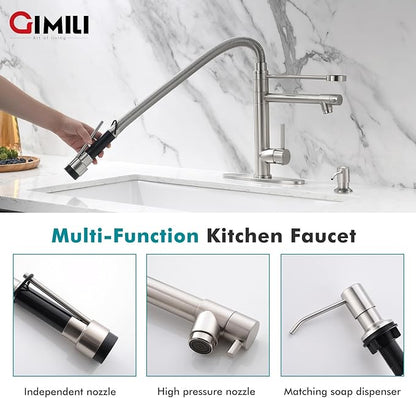 GIMILI Kitchen Faucet with Soap Dispenser Commercial Kitchen Faucet with Pull Down Sprayer Double-Headed Single Handle Spring Stainless Steel Brushed Nickel Kitchen Sink Faucet