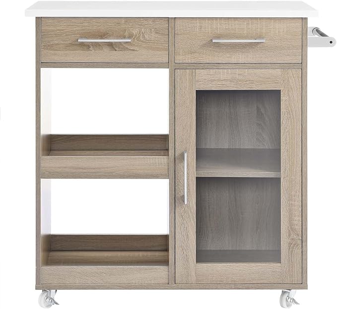 Modway Culinary Rolling Kitchen Cart with Storage in Oak White - 3 Tiers Kitchen Island on Wheels with Towel Bar, Functional as a Coffee Station, Bar Cabinet or Butcher Block Island