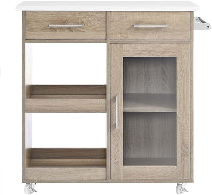 Modway Culinary Rolling Kitchen Cart with Storage in Oak White - 3 Tiers Kitchen Island on Wheels with Towel Bar, Functional as a Coffee Station, Bar Cabinet or Butcher Block Island